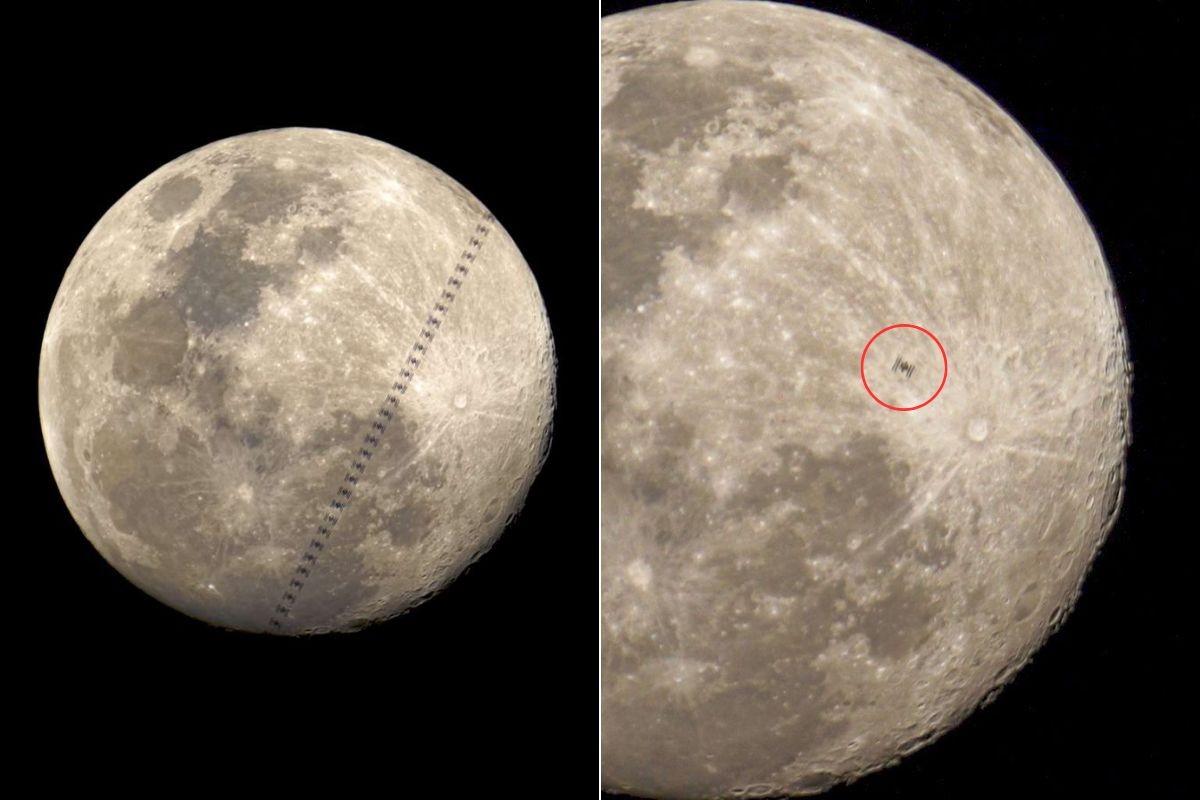 Brasileiro registra Estação Espacial Internacional passando em frente à Lua da calçada de 