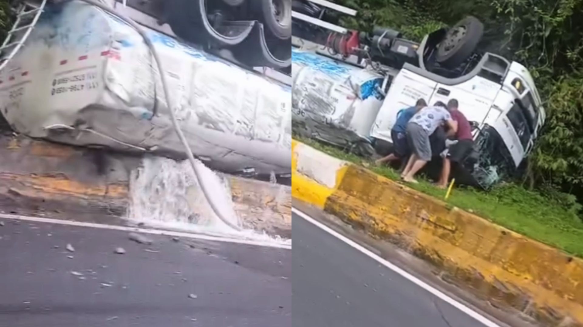 Caminhão pipa tomba e vaza água após motorista perder o controle na Mogi-Bertioga