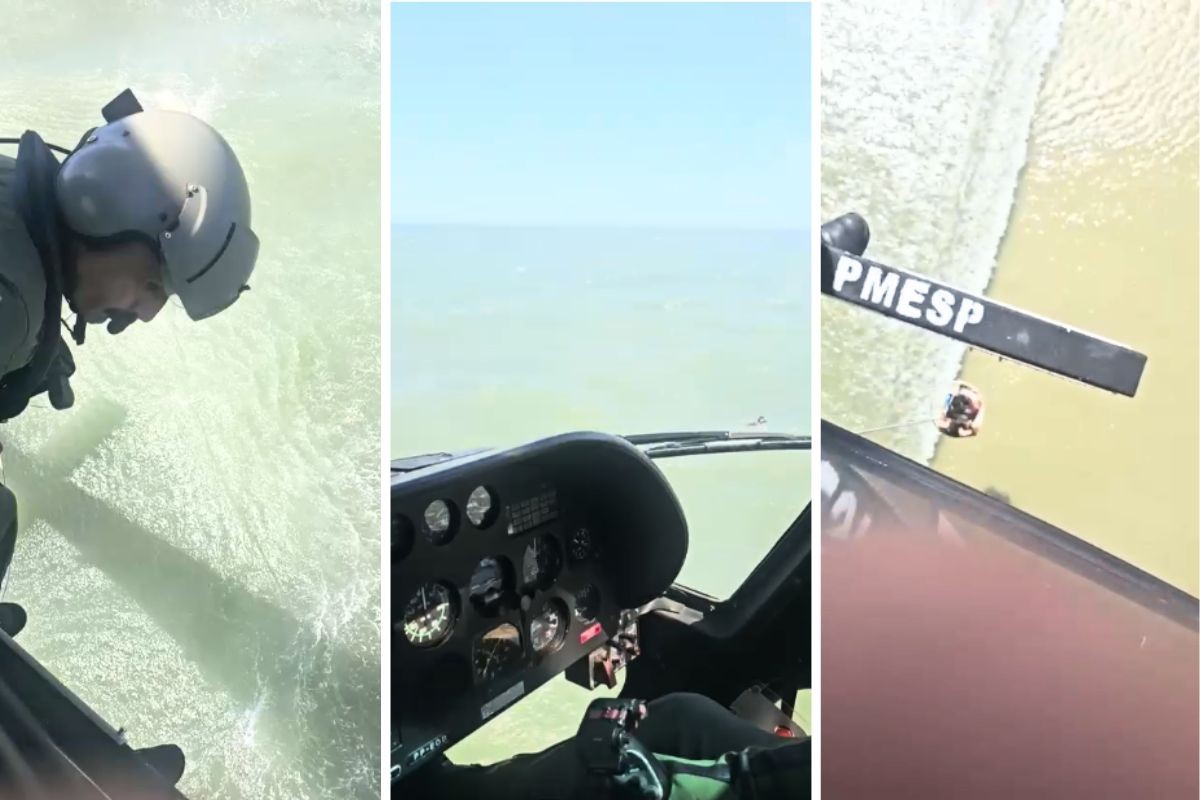 Helicóptero Águia atua em resgate de homens que caíram de moto aquática no mar de SP; VÍDE