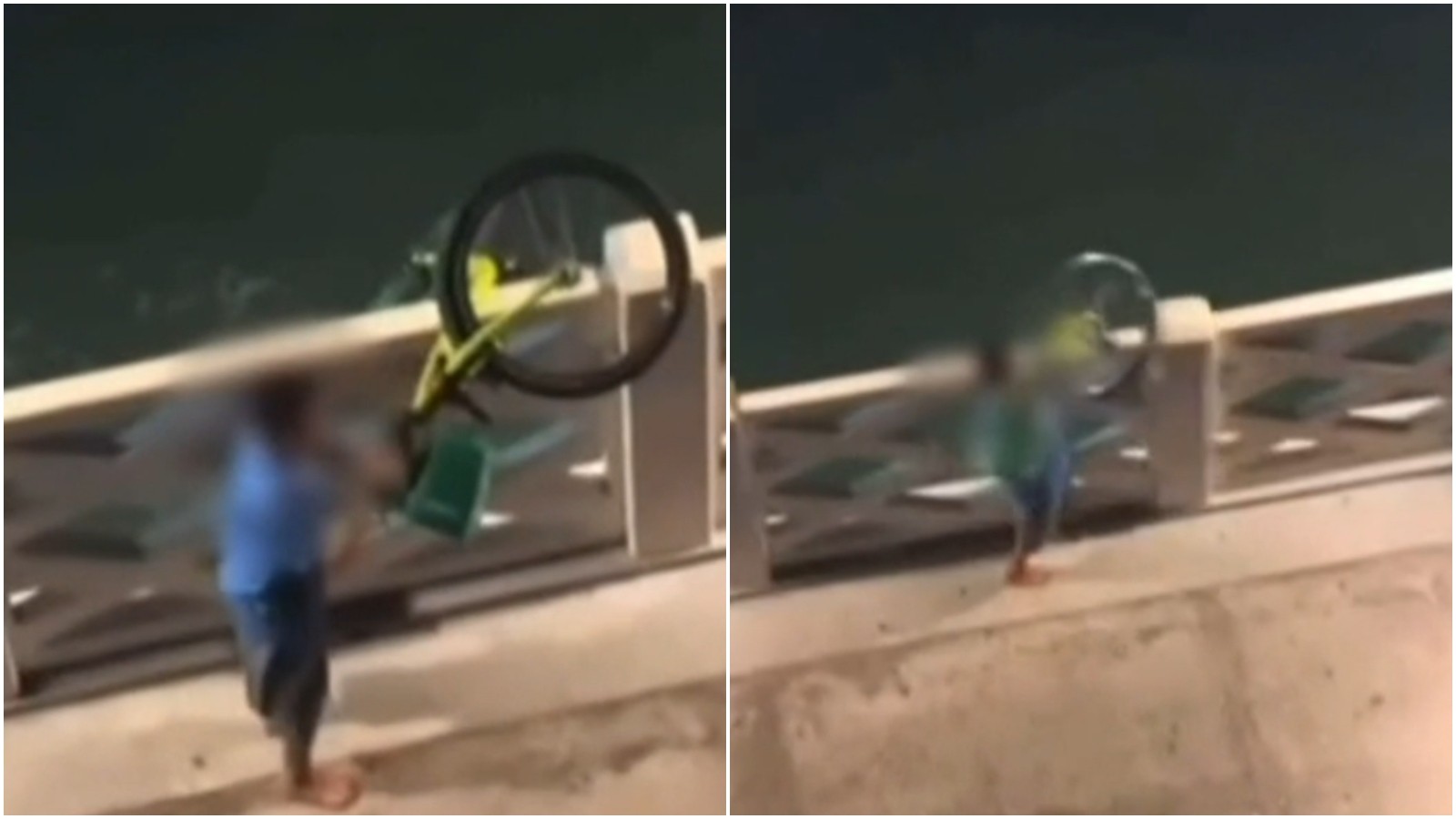 Jovem na Ponte dos Ingleses joga bicicleta de serviço público de aluguel no mar em Fortale