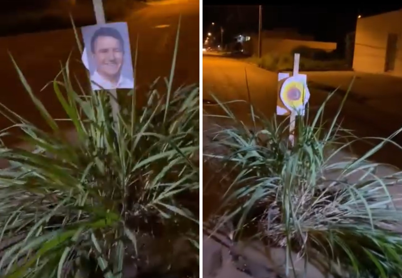 Moradores usam moita de capim e foto de prefeito em estaca para protestar contra buracos e