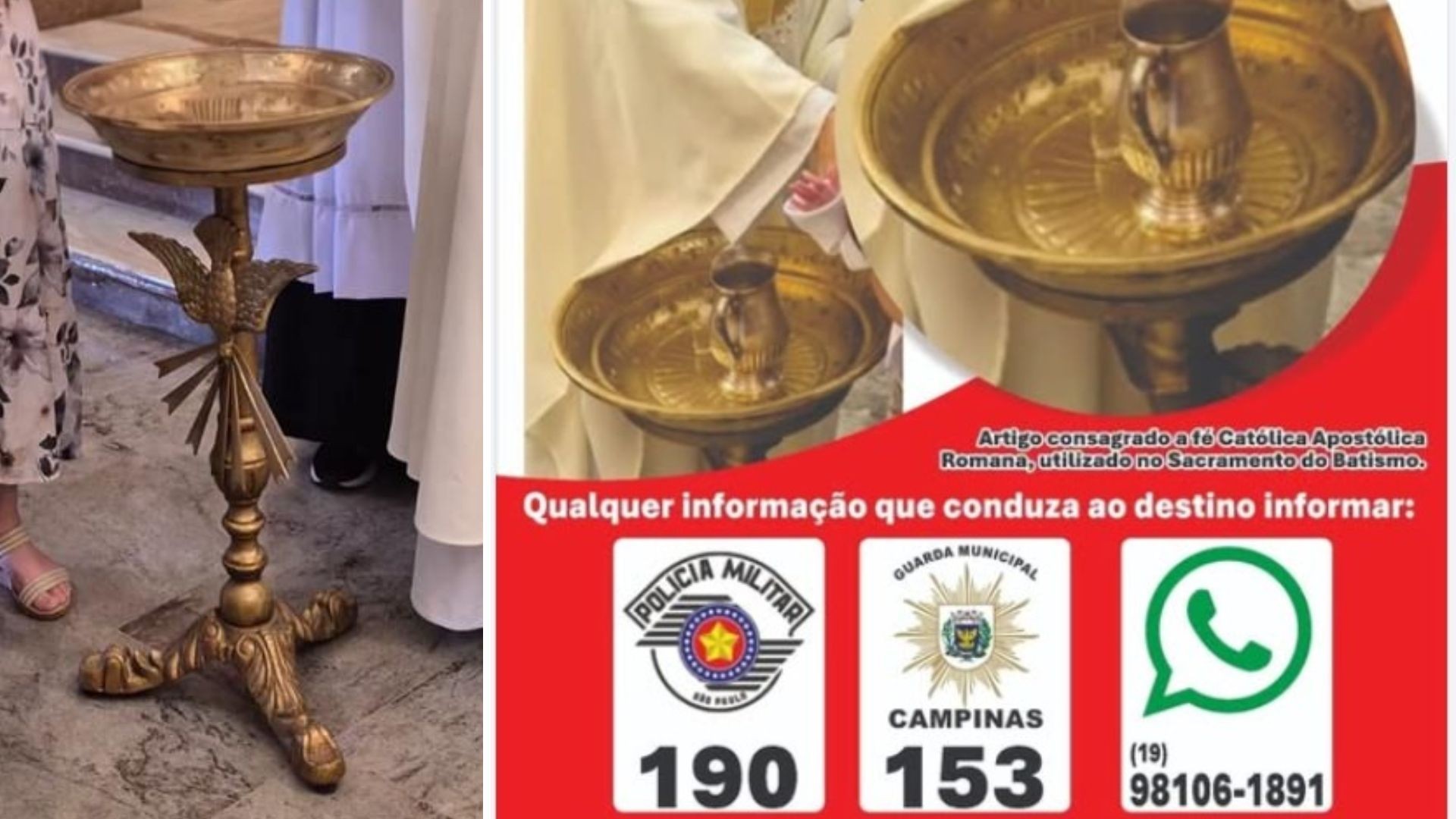 Pia batismal é furtada e igreja de Campinas faz apelo por retorno da peça: 'Profundo valor