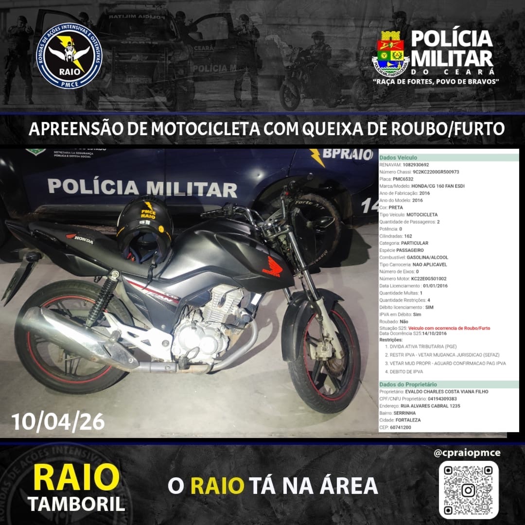 Polícia do Ceará: Motocicleta roubada é apreendida em Tamboril