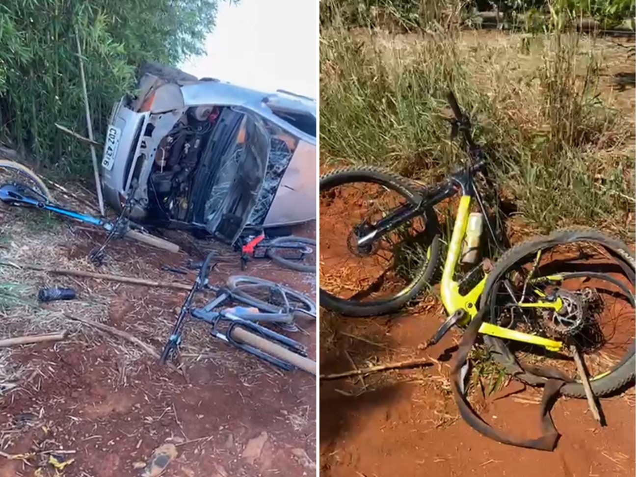 Quatro ciclistas são atropelados e carro capota em área rural no interior de SP