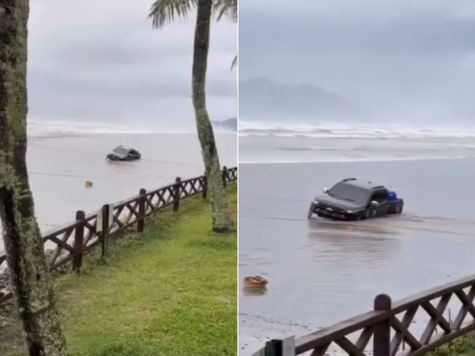 Viatura 'encalha' na praia durante monitoramento de animais marinhos; VÍDEO 